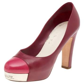 Pre Owned Chanel Red/Pink Leather CC Cap Toe Block Heel Platform Pumps Size 35.5