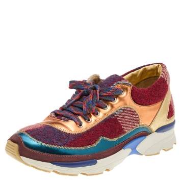 Chanel Multicolor Patent Leather And Tweed CC Low Top Sneakers Size 38.5