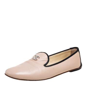 Pre Owned Chanel Beige Leather Embellished CC Smoking Slippers Size 38