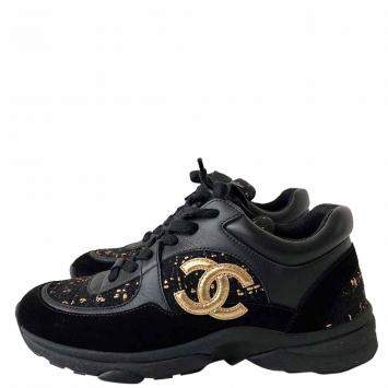Pre Owned Chanel Black Leather Suede Interlocking CC Logo Sneakers EU 37.5