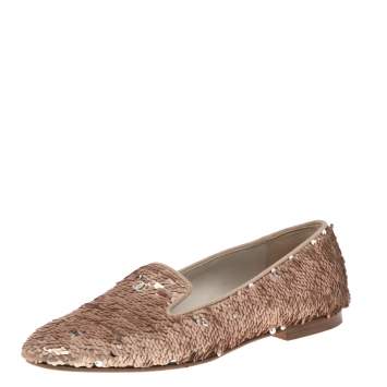 Pre Owned Chanel Pink Sequins CC Smoking Slippers Size 38