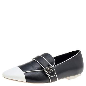 Pre Owned Chanel Black/White Leather CC Cap Toe Slip On Loafers Size 37