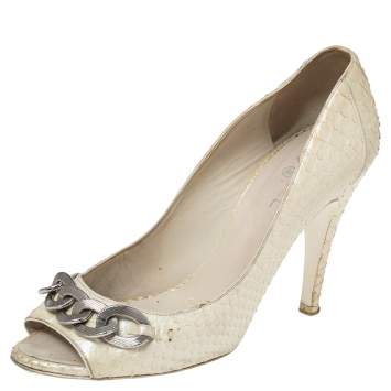 Pre Owned  Chanel Cream Python Leather CC Chain Detail Peep Toe Pumps Size 39.5