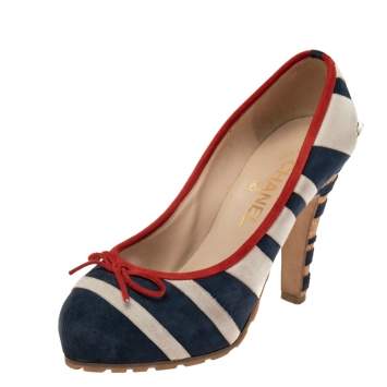 Pre Owned Chanel Multicolor Suede CC Striped Cork Heel Pumps Size 38