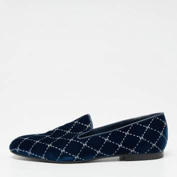 Pre Owned Chanel Navy Blue Velvet Smoking Slippers Size 37 