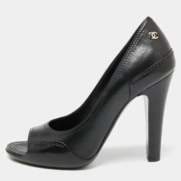 Pre Owned Chanel Black Leather CC Open Toe Pumps Size 36