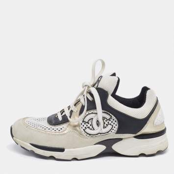 Pre Owned Chanel Tricolor Suede And Fabric  Lace Up Sneakers Size 36