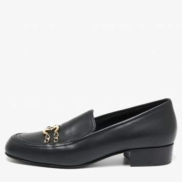 Pre Owned Chanel  Black Leather CC Chain Link Slip On Loafers Size 39