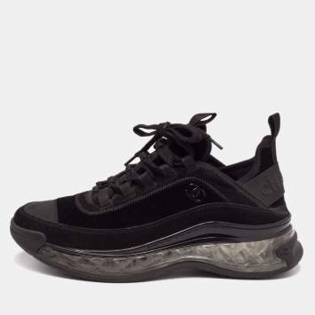 Pre Owned Chanel Black Velvet And Suede CC Sneakers Size 39