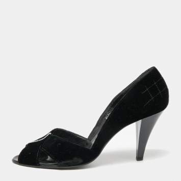 Pre Owned Chanel Black Velvet Cross Strap Peep-Toe Pumps Size 41