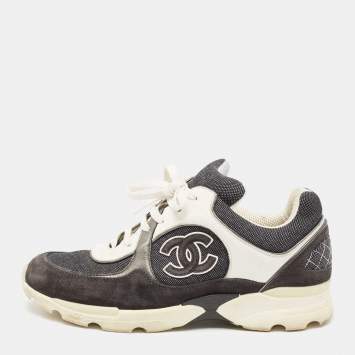 Pre Owned Chanel Black/White Denim, Suede and Leather CC Low-Top Sneakers Size 38