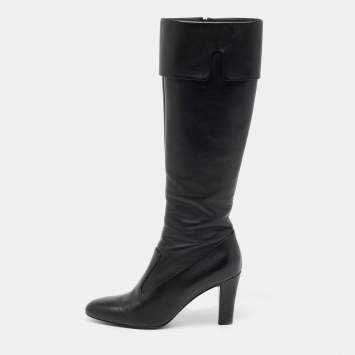 Pre Owned Chanel Black Leather CC Knee High Slip On Boots Size 39.5