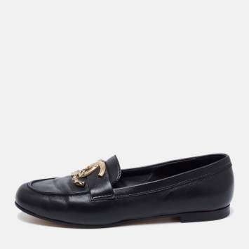 Pre Owned Chanel Black Leather Metal CC Slip On Loafers Size 38.5
