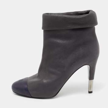 Pre Owned Chanel Dark Grey/Navy Blue Leather Cap Toe Ankle Length Boots Size 38.5