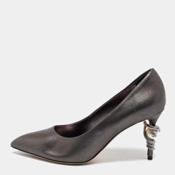 Pre Owned Chanel Metallic Grey Nubuck Leather Pearl and Snake Embellished Pumps Size 36.5