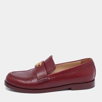 Pre Owned Chanel Burgundy Leather CC Loafers Size 38.5