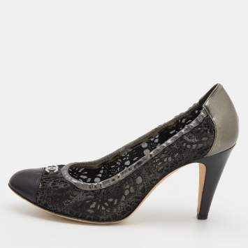 Pre Owned Chanel Metallic Grey/Black Leather And Laser Cut Suede Embellished Pumps Size 38.5