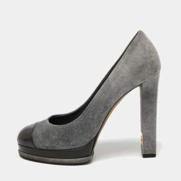 Pre Owned Chanel Grey/Dark Brown Suede and Leather Cap Toe Platform Pumps Size 41