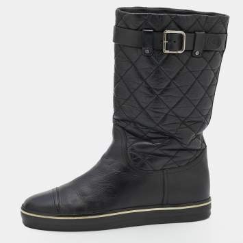 Pre Owned Chanel Black Quilted Leather Mid Calf Length Boots Size 37.5