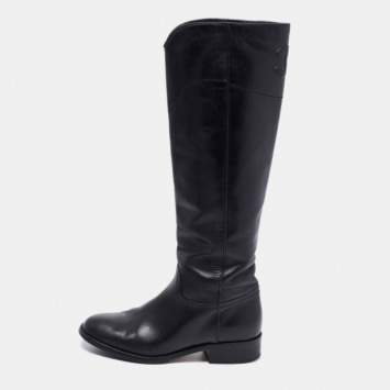 Pre Owned Chanel Black Leather Interlocking CC Logo Riding Midcalf Boots Size 36