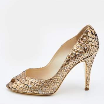 Pre Owned Chanel Metallic Gold/Silver Python Peep Toe Pumps Size 38.5