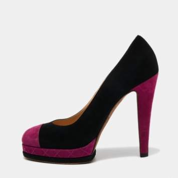 Pre Owned Chanel Purple/Black Suede CC Pumps Size 41