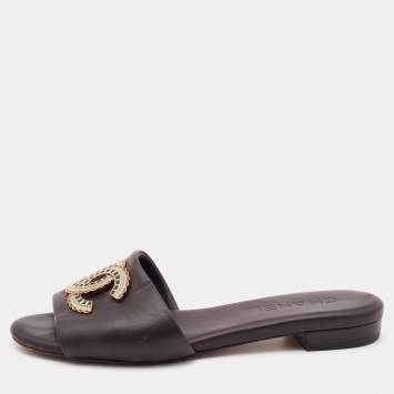 Pre Owned Chanel Dark Brown Leather CC Embellished Flat Slides Size 36.5