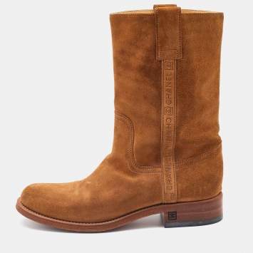 Pre Owned Chanel Light Brown Suede Mid Calf Length Boots Size 37.5