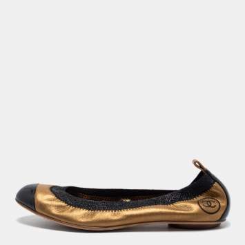 Pre Owned Chanel Metallic Gold/Black Leather and Patent  Ballet Scrunch Flats Size 37.5