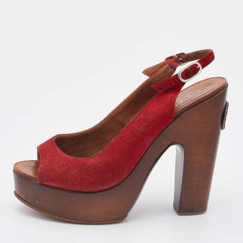 Pre Owned Chanel Red Suede Wooden Block Heel Slingback Platform Pumps Size 38