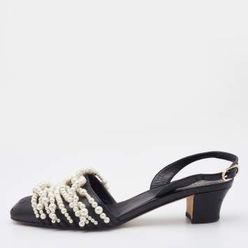 Pre Owned Chanel Black Leather Pearl Embellished Slingback Pumps Size 36.5