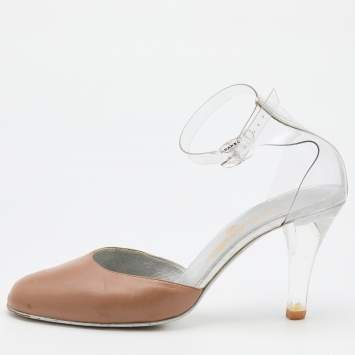 Pre Owned Chanel Beige/Transparent Leather and PVC Ankle Strap Pumps Size 38