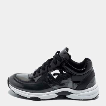 Pre Owned Chanel Black Patent and Leather and PVC CC Low Top Sneakers Size 37