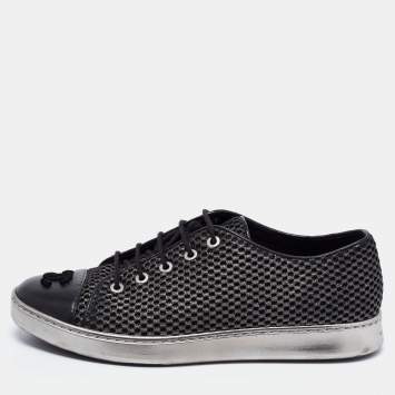 Pre Owned Chanel Black/Grey Mesh and Leather CC Cap Toe Low Top Sneakers Size 38.5