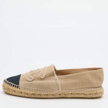 Pre Owned Chanel Beige/Black Canvas CC Cap Toe Espadrille Flats Size 39