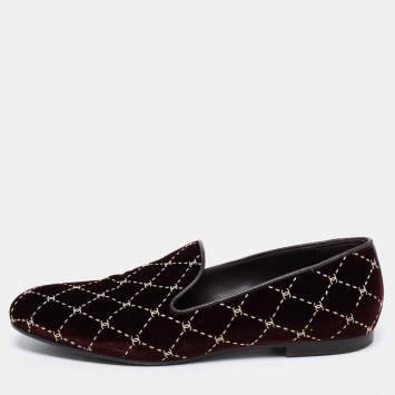 Pre Owned Chanel Burgundy Leather and Quilted Velvet CC Smoking Slippers Size 38