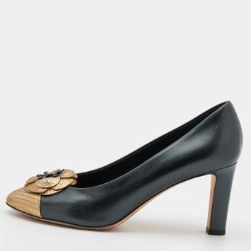 Pre Owned Chanel Black/Gold Leather and Python Camellia Cap Toe Pumps Size 39