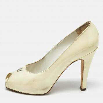 Chanel Cream Patent Leather CC Peep Toe Pumps Size 39.5