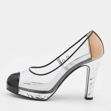 Pre Owned Chanel Black/Transparent Patent Leather and PVC CC Cap Toe Pumps Size 38.5