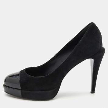 Pre Owned Chanel Black Suede and Patent Leather Cap Toe Pumps Size 39