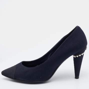 Pre Owned Chanel Navy Blue Canvas Embellished Pointed Toe Pumps Size 39.5