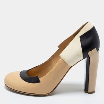 Pre Owned Chanel Tricolor Leather Round Toe Pumps Size 38