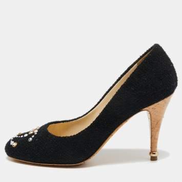 Pre Owned Chanel Black Tweed Crystal CC Embellished Pumps Size 39