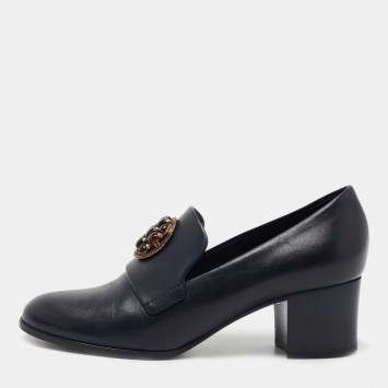 Pre Owned Chanel Navy Blue Leather Buckle Loafer Pumps Size 40