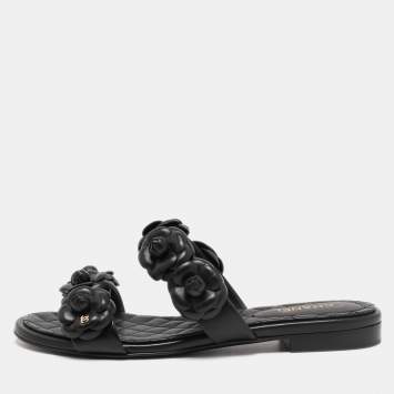 Pre Owned Chanel Black Leather Camellia Flat Slides Size 37.5