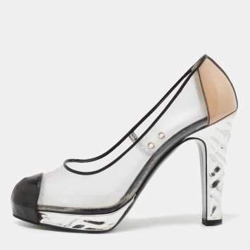 Pre Owned Chanel Black/Beige Patent Leather and PVC CC Platform Pumps Size 39
