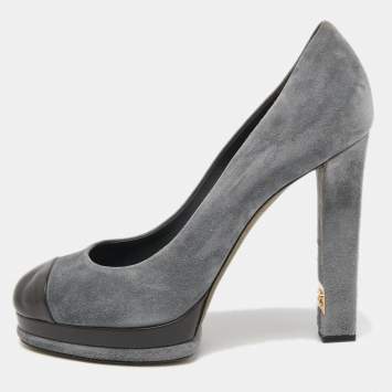 Pre Owned Chanel Grey/Green Suede And Leather Cap Toe Platform Block Heel Pumps Size 41.5