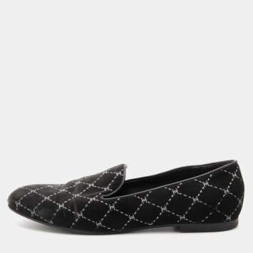 Pre Owned Chanel Grey Velvet Quilted CC Logo Smoking Slippers Size 39.5