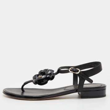 Pre Owned Chanel Black Patent and Leather CC Camellia T-Strap Sandals Size 37.5