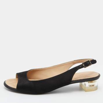 Pre Owned Chanel Black Satin Open Toe Block Heel Slingback Pumps Size 38.5